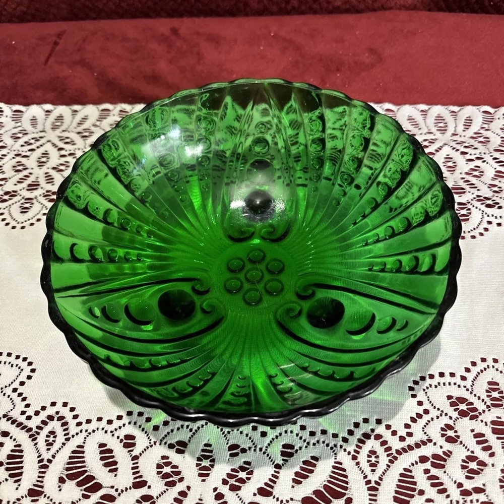 Anchor Hocking Vintage Serving Bowl Burple Pattern Dark Emerald Green 8.5x3